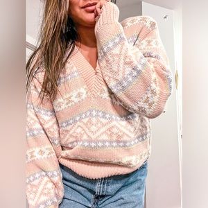 Vintage Liz Sport LARGE Chunky V Neck Sweater Long Sleeve